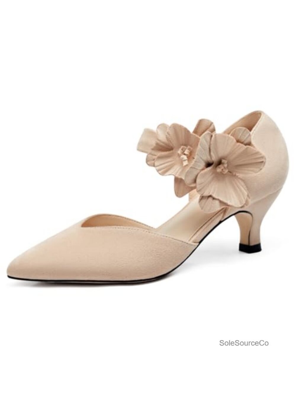 Women's Low Kitten Heels Pointed Toe Flower Ankle Strap Slip On Pumps